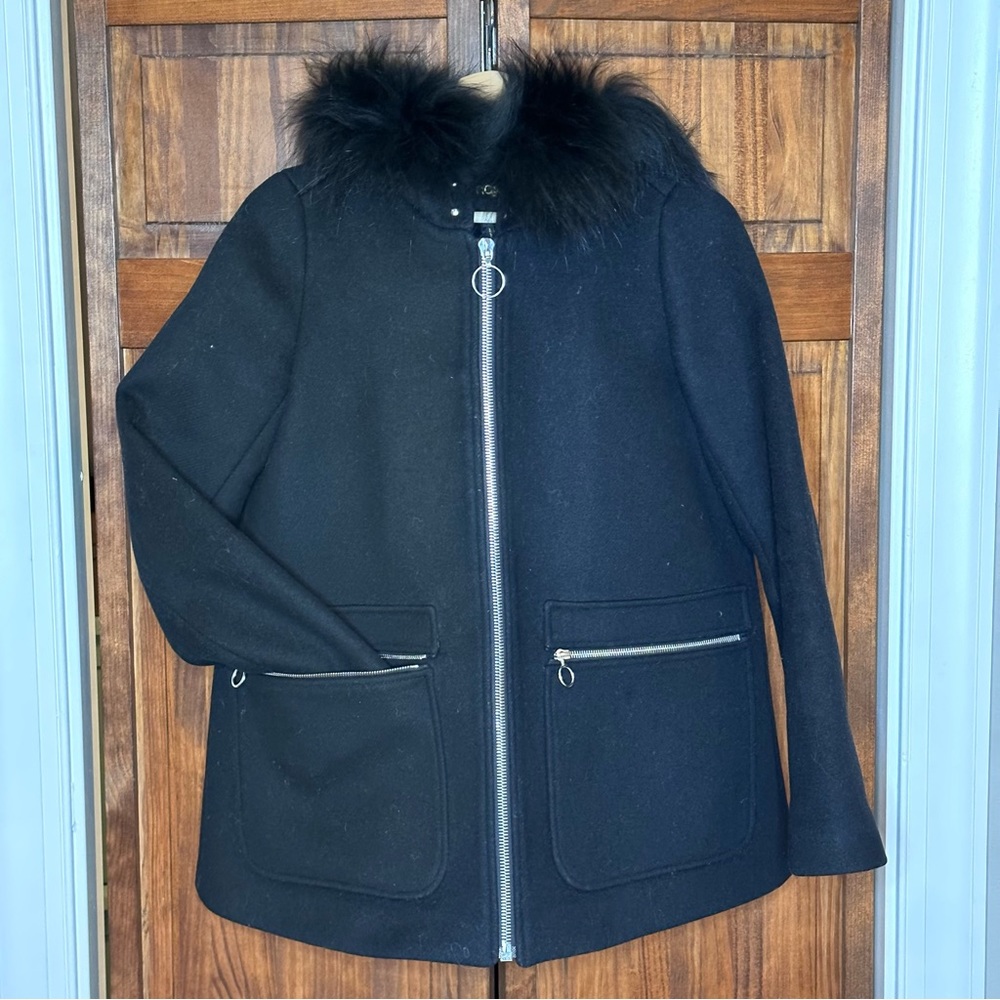 Maje black wool coat with Racoon fur-trim on hood, lining intact, size 36 FR